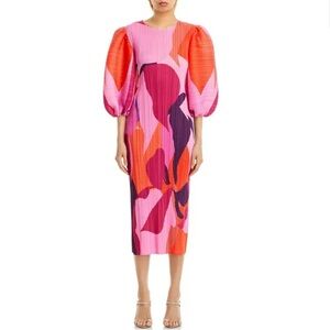 Nancy Yang Dress Puff Sleeve Column Midi Sz L